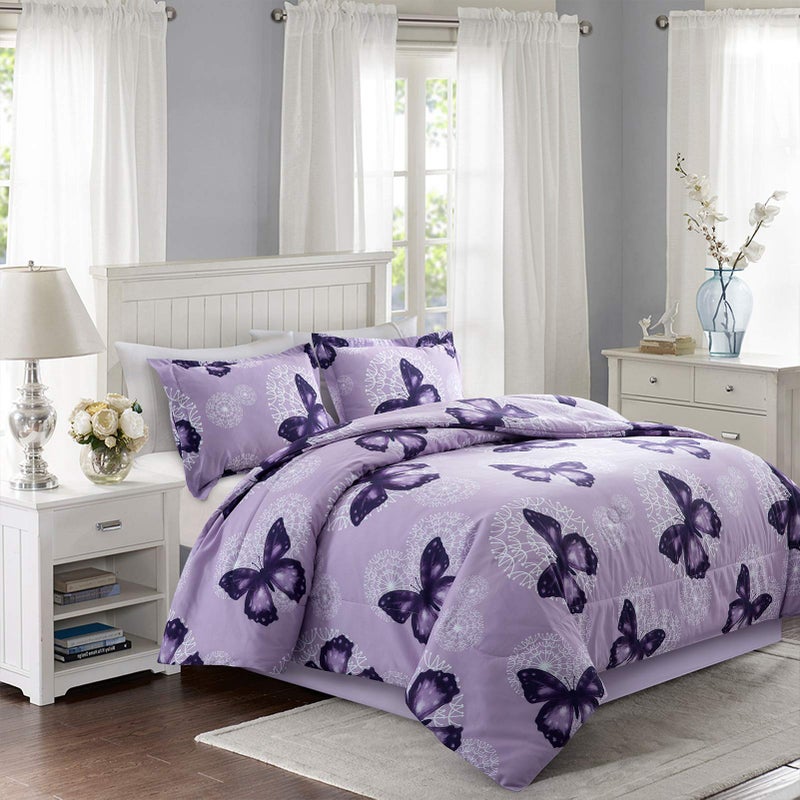 ARTALL Lightweight Microfiber 3 Piece Comforter Set with 2 Shams, Butterfly Pattern Bedding Set, Full/Queen, Purple - Image 2
